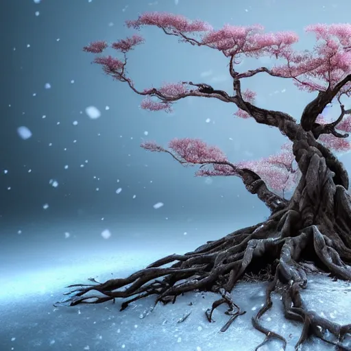 Image similar to a beautiful ancient tree in the middle of the great ocean + old gray wood + pink leaves + falling snow + overcast winter + no background + elegant form + artstation, cgsociety, ultra HD, 4k, 8k, concept art