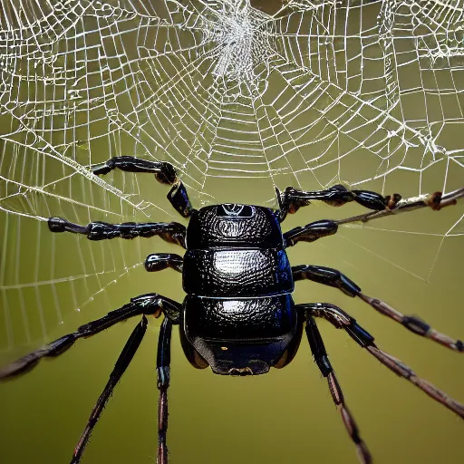 Image similar to a miniature volkswagen beetle hanging from a spider web. the spider can be seen in the background. very very very very very very very very very very very very very photorealistic. nature photography. macrophotography. NIKON D800E + 105mm f/2.8 @ 105mm, ISO 400, 1/1000, f/3.5