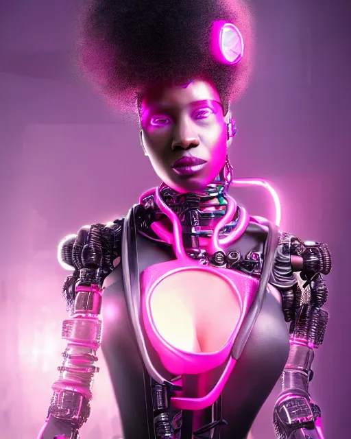 Image similar to portrait of a beautiful black woman with pink hair as a cyberpunk cyborg half robot, revealing wires and electronics, sci - fi, missing panels, intricate abstract upper body intricate artwork, concept art, octane render, deviantart, cinematic, key art, hyperrealism, iridescent accents, portrait photograph, nikon 3 5 mm, photograph by greg rutkowski