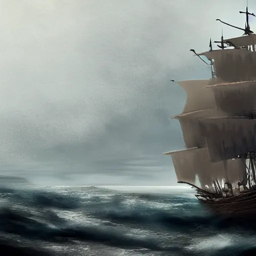 Image similar to large lonely old pirate ship drifting amongst the clouds and fog with heavy dark storm beautiful Concept art