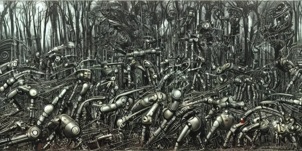 Image similar to 1000000 robots fighting in forest H.R. Giger