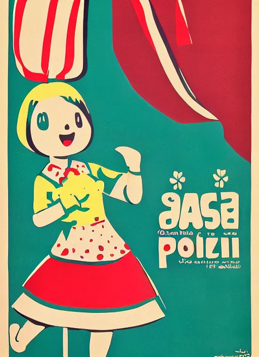 Image similar to Polish posters for Isabelle from Animal Crossing. Screen printed, silkscreen, paper texture. 1968