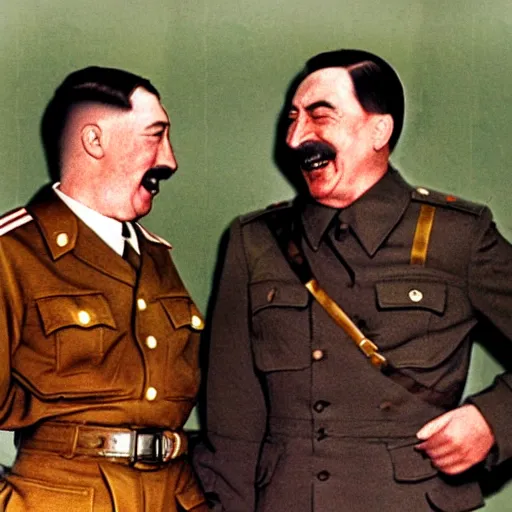 Prompt: hitler and joseph stalin laughing during ww 2