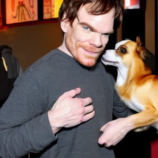 Prompt: Michael C. Hall with a hockey mullet, petting a Chihuahua dog