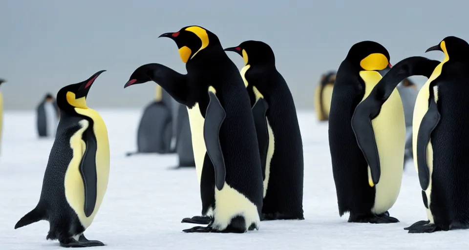 Image similar to an emperor penguin talking with a boy