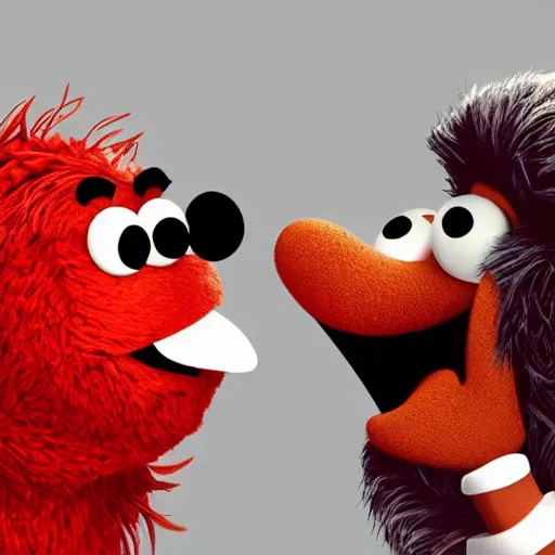 Image similar to a still of bert and elmo sharing a kiss, muppet character looking very manly and modern, hilarious, laughing, hairy chest, huge chin, manly monster tough guy, roughled fur, photo real, photographic, photograph, artstation, trending, featured