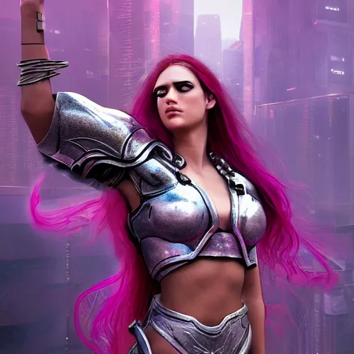 Prompt: cyberpunk valkyrie woman with wings made of metal and pink and silver armor, flowing hair, cityscape, protesting signs, fighting, artstation, realistic, high detail digital painting, artstation, style of Julia Razumova,