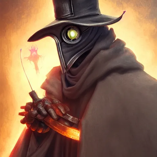 Prompt: plague doctor, Wearing light armor, Casting a multi colored spell, highly detailed, concept art, D&D, Fantasy, Digital Painting, award winning film, 4k, by Viktor Antonov, Greg Rutkowski