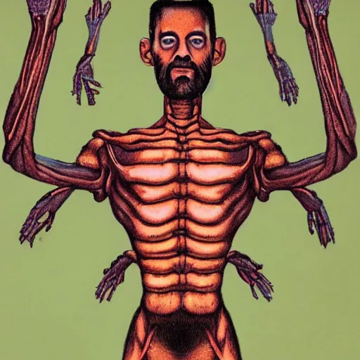 Image similar to a man with four arms, four lets and two heads