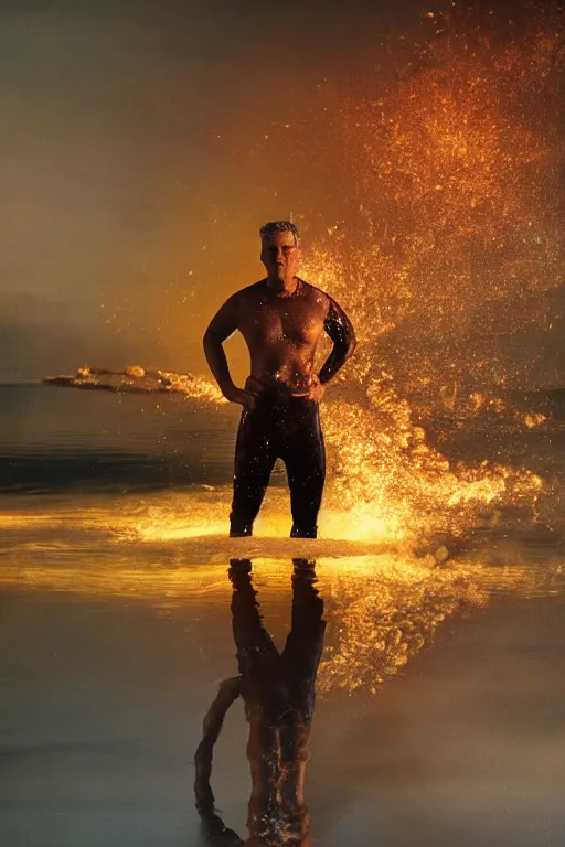 Image similar to h. p. baxxter standing in water with explosion in background, full body, reflection in water, volumetric lighting, golden ratio