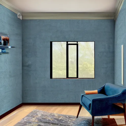 Image similar to in the style of Vincent Di Fate and Chris Moore, a family of six in a mid century modern home, blue limewash walls ,very highly detailed, 8k, wallpaper