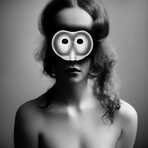 Image similar to old monochrom portrait photography of a beautiful girl with one eye, cyclops, in a victorian decor, by man ray, alfred ghisoland, gemmy woud - binendijk, erwin olaf, 4 k,