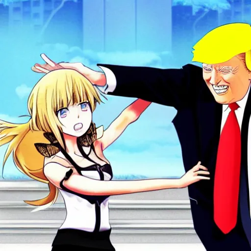 Prompt: “anime key visual of Donald trump fighting anime girls, pixiv”