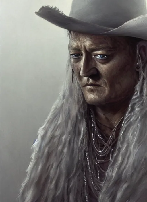 Image similar to John Wayne and Johnny Depp (((fused together))), white glowing eyes, silver shaggy hair, cloak, ethereal wings, male, fantasy, extremely detailed, digital painting, artstation, concept art, smooth, sharp focus, illustration, stunning lighting, art by artgerm and greg rutkowski and alphonse mucha and simon stalenhag, realistic character concept, high fantasy, light atmosphere, golden ratio, cinematic lighting, hyperdetailed, high resolution, insanely detailed and intricate, artstation, Marc Simonetti, Greg Rutkowski, 8k