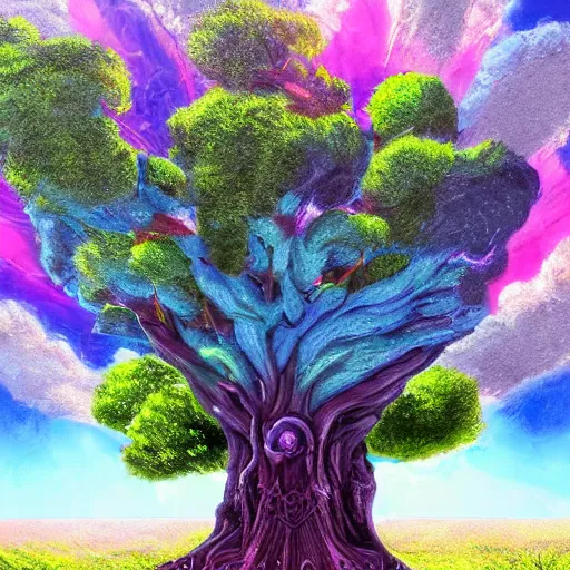 Prompt: digital art, concept art, divine, massive scale, giant azure tree, magical, colorful, in the distance