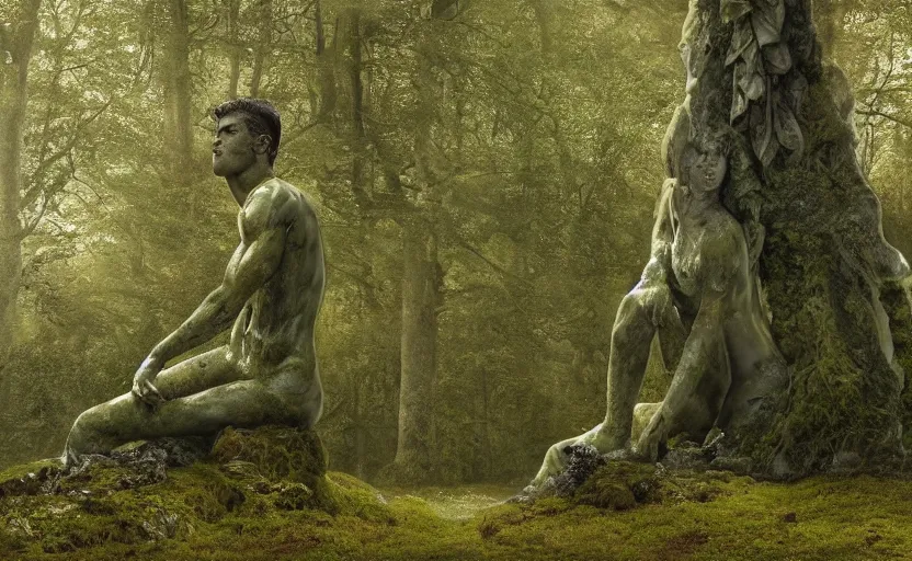 Image similar to a mossy marble statue of Cristiano Ronaldo abandoned in the middle of a forest near a lake at sunset by Greg Rutkowski, concept art, godrays, complementary colors, calm, relaxing, beautiful landscape, highly detailed, high quality, 4k HDR, path tracing, serene landscape, high coherence, soft lighting