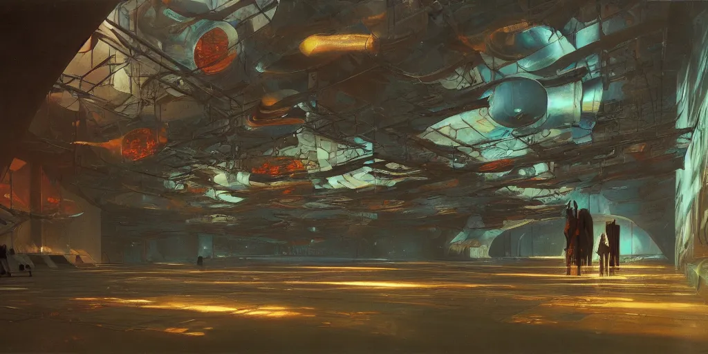 Image similar to a futuristic museum interior with holograms all over, beksinski and syd mead cinematic painting, 4 k