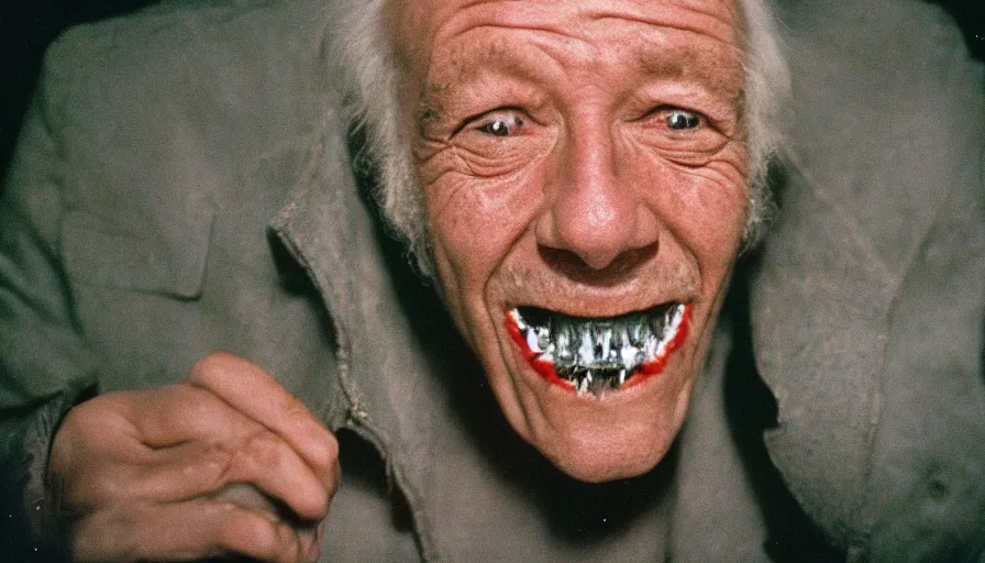 Image similar to 7 0 s movie still of a old man with trypophobia teeth, cinestill 8 0 0 t 3 5 mm, heavy grain, high quality, high detail