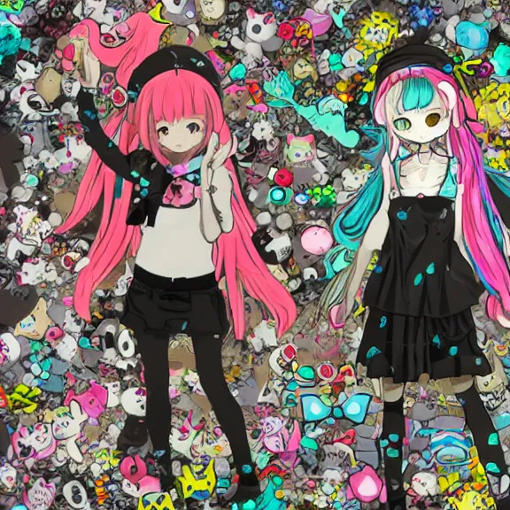 Image similar to sanrio glitchcore yokai girl, shadowverse character concept, found footage horror, glitter gif | Fatalistic (Bleak, Gloomy) | d anime decora gyaru kawaii fashion model, v tuber, darling in the frank,asuka, anime best girl, with glitch and scribble effects, psychedelic colors, 3d render octane, by wlop, wenjr, beeple, artstation,imaginefx