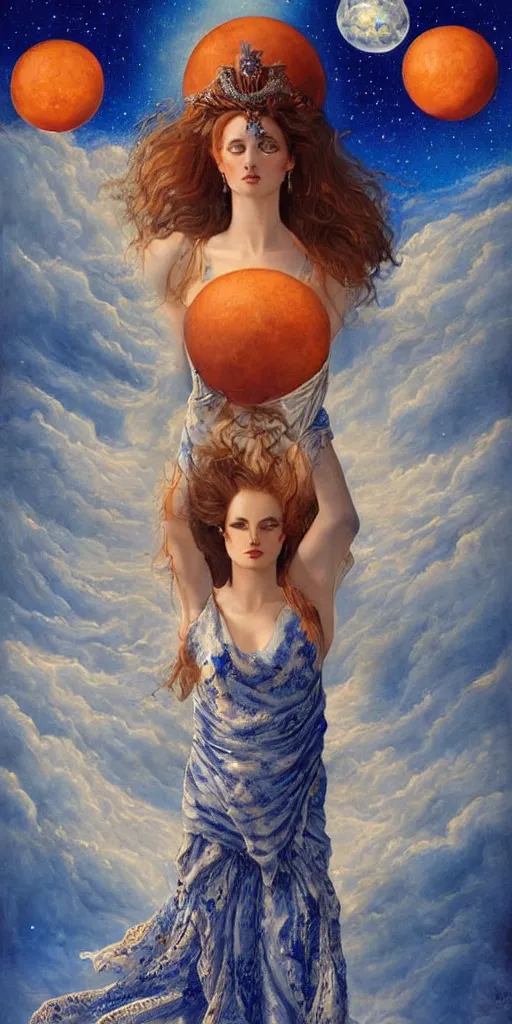 Image similar to full body portrait of beautiful goddess of mars theme inspired wearing blue and white carved details moving dress, she is floating in the air, planet mars in the background, open sky, highly detailed, mystical, little orange fog, circle forms, iper realistic, paint on canvas, art by tom bagshaw and karol bak