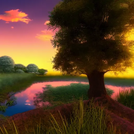 Prompt: a serene landscape with a singular house near a river at sunset, anime style, calm, high quality,8k