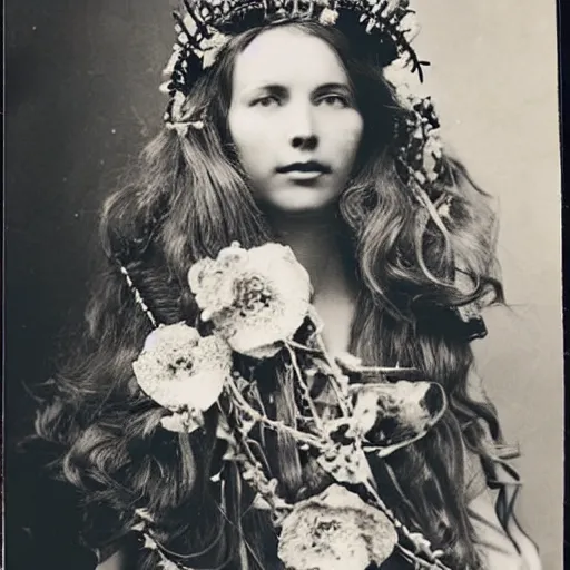 Prompt: a vintage photograph of a woman, with long flowing hair and a crown made of flowers and guitars on her head