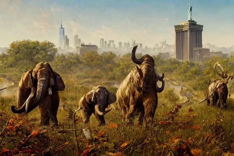 Prompt: epic scene of prehistoric hunter gatherers hunting wooly mammoth with spears in ancient ruins of new york, statue of liberty, overgrown with vegetation, grass, trees, autumn season, clear and beautiful sunny weather, epic feels, high details, oil painting by greg rutkowski and craig mullins, 8 k