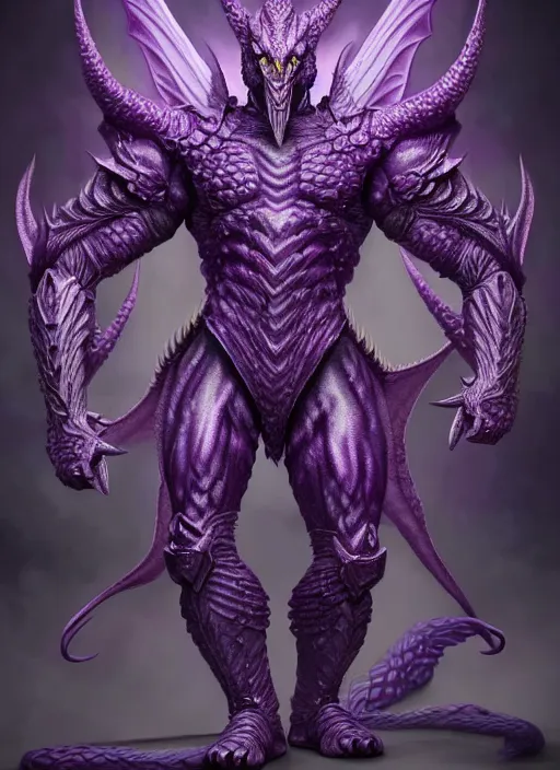 Image similar to muscular and tall purple ghostly fire humanoid dragon!!!! draconian!! intricate ornate iridescent heavy armor!! character concept art, sharp focus, octane render! unreal engine 5! highly rendered!! trending on artstation!! detailed linework!! illustration by artgerm, wlop, and chie yoshii