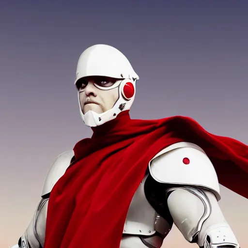 Image similar to portrait of a tall muscular infantry man in glossy sleek white armor with tiny red details and a long red cape, heroic posture, determined expression, on the surface of mars, night time, dramatic lighting, cinematic, sci-fi, hyperrealistic, movie still