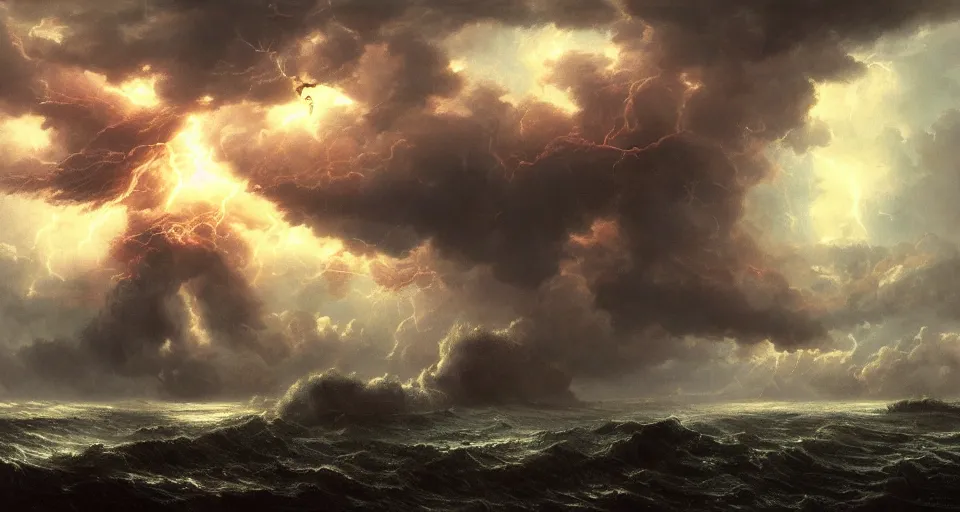 Prompt: eldritch, flying!!! island, windy, by eugene von guerard, ivan shishkin, night, red lightning, storm, dramatic lighting, concept art, trending on artstation, 8 k