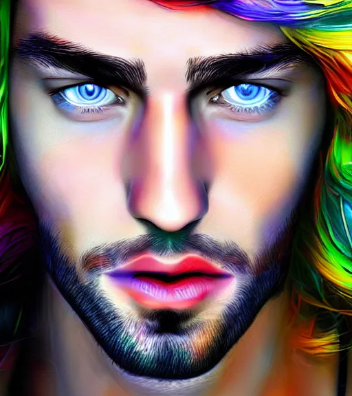 Image similar to photo realistic digital art of the most handsome young man in the world, he is seductive, beautiful and has multicoloured eyes that shine. very colourful background