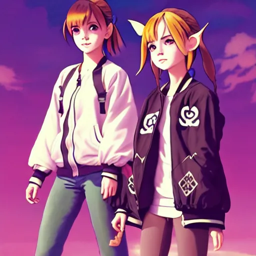 Image similar to beautiful boyish emma watson in majora's mask, wearing oversized mayan bomber jacket with overalls and leotard, bulky poofy bomber jacket with mayan patterns, aztec street fashion, gapmoe yandere grimdark, trending on pixiv fanbox, painted by greg rutkowski makoto shinkai takashi takeuchi studio ghibli, akihiko yoshida