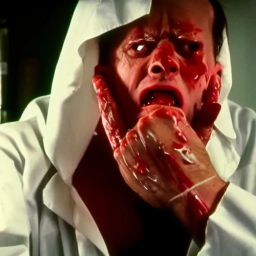 Image similar to filmic closeup dutch angle movie still 4k UHD 35mm film color photograph of a screaming horrified doctor looking down at his freshly amputated hand, where his wrist has been freshly severed, blood is gushing from the wound