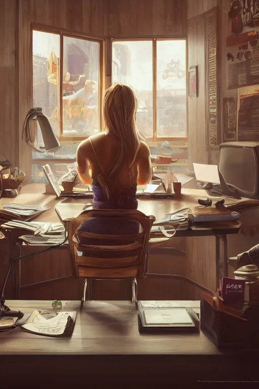 Image similar to jessica simpson sitting at a desk, bulging chest resting on table infront of her, mcdonalds interior, highly detailed, wide shot, intricate, fearful, mystical, sharp focus, Trending on Artstation HQ, deviantart, unreal engine 5, 4K UHD image