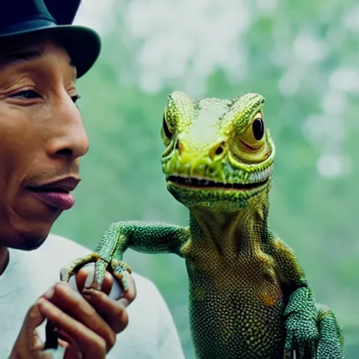 Image similar to cinematic film still of Pharrell Williams holding a lizard while Making A Beat with an anthropomorphic alien, Japanese VFX, 2018, 400mm lens, f1.8, shallow depth of field,film photography