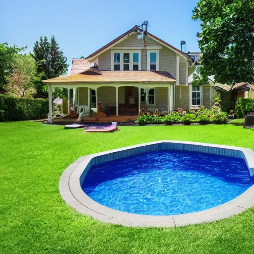 Prompt: photo of a house with a pool and grass!!!!!!!!!