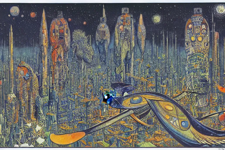 Image similar to a scifi illustration, Bird City on Endor by Louis Wain (1920)