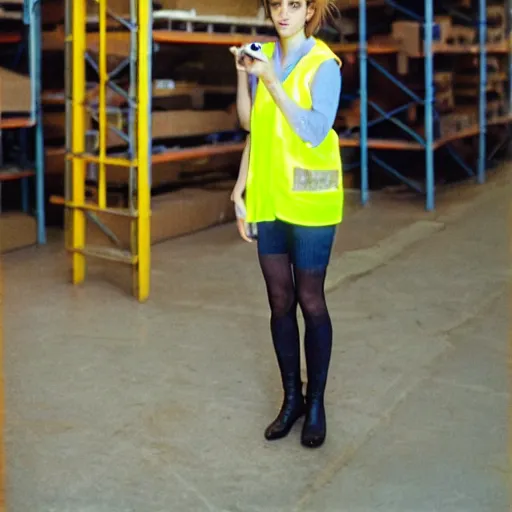 Prompt: photo, close up, emma watson in a hi vis vest, in warehouse, disposable camera, 5 0 mm,