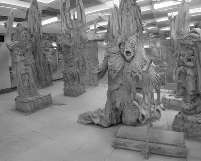 Image similar to camera footage of weeping angels with horns, False Human Features, Phasing through floor in an abandoned shopping mall, Psychic Mind flayer, Terrifying, Insanity :7 , high exposure, dark, monochrome, camera, grainy, CCTV, security camera footage, timestamp, zoomed in, Feral, fish-eye lens, Fast, Radiation Mutated, Nightmare Fuel, Ancient Evil, No Escape, Motion Blur, horrifying, lunging at camera :4 bloody dead body, blood on floors, windows and walls :5