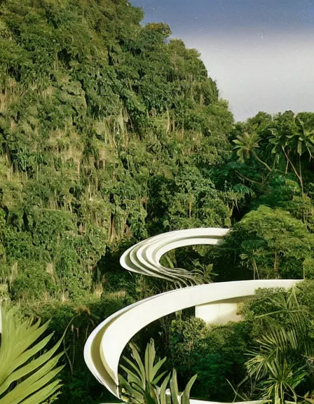 Prompt: a massive liquid gold and white fluid sculpture in the jungle covered in plants and vines photograph, architecture carved for a titan, beautiful in its smoothness and expansiveness, curving geometric arches, architectural photograph by louis kahn and moshe safdie