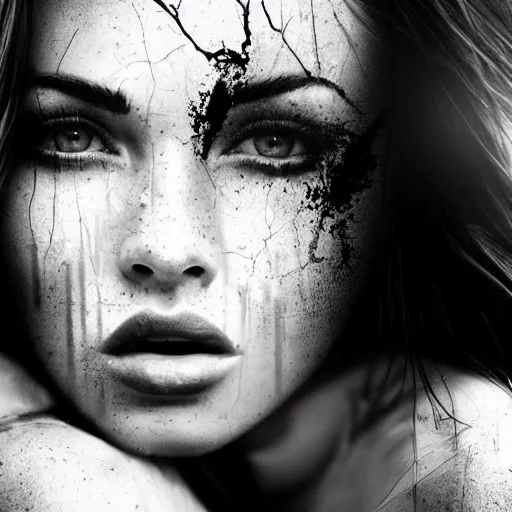 Image similar to double - exposure effect of megan fox face blended in beautiful mountains, in the style of dan mountford, amazing detail, black and white