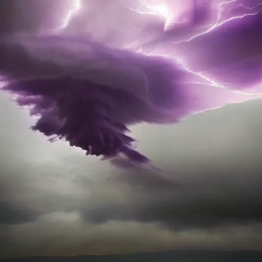 Image similar to amazing photo of purple clouds in the shape of a tornado, digital art, beautiful dramatic lighting