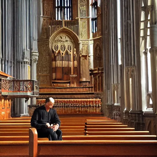 Image similar to a renaissance painting of a man sitting on the seat of a pipe organ inside of a cathedral, the man is tiny im comparison to the size of the cathedral.