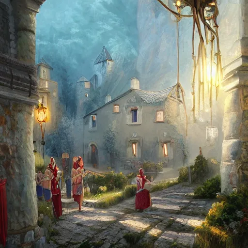 Prompt: a painting of a serbian village with a procession, open windows, chandelier, pillars of marble, waterfalls, fantasy art by JohannesVoss, Aleksi Briclot, Eric Deschamps, trending on artstation