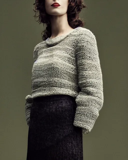 Prompt: hila klein, wearing a knitted woolen blouse, modern fashion, half body shot, photo by greg rutkowski, female beauty, f / 2 0, symmetrical face, warm colors, depth of field