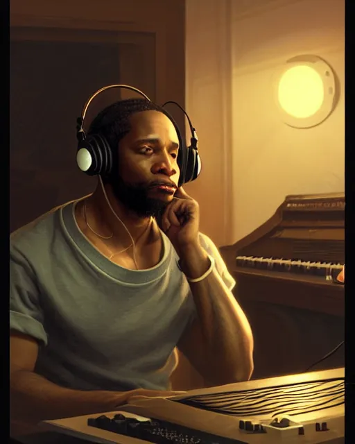 Image similar to light skin black man with headphones at his home studio producing music late at night, very detailed, 4 k, concept art like ernest khalimov, intricate details, highly detailed by greg rutkowski, ilya kuvshinov, gaston bussiere, craig mullins, simon bisley