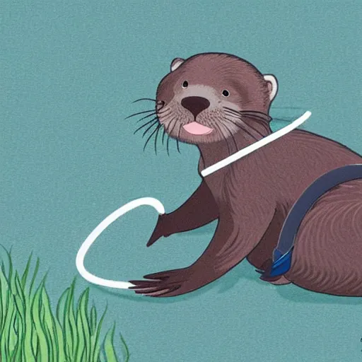 Image similar to otter with a headphone in the style of ghibli animations