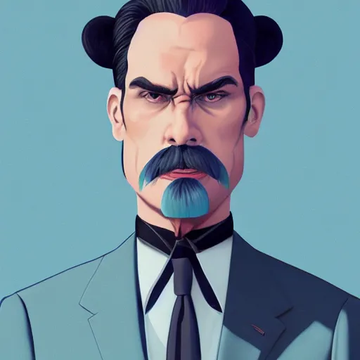 Image similar to serious Bison in pinstripe suit, NY style, pastel blue, very long hair bison, muted colors, matte print, pastel colors, ornate, digital art, digital painting, fan art, elegant, artstation, head is centered, by Ilya Kuvshinov