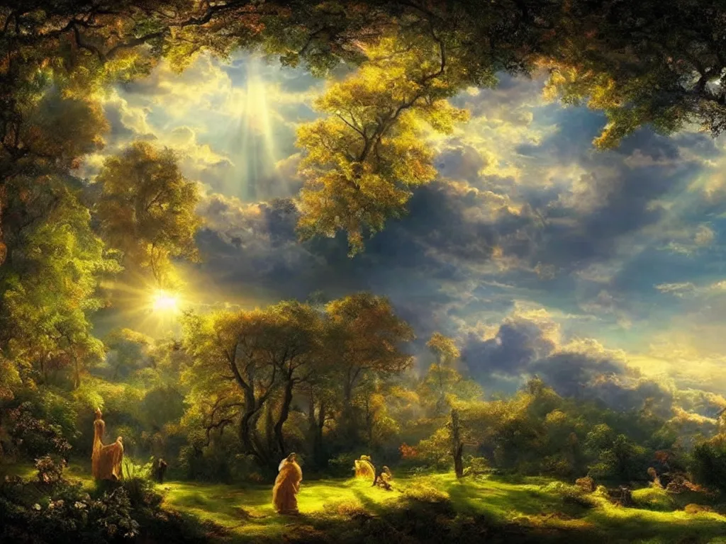Prompt: a beautyful landscape of heaven with a god's grace and light comes to all the living things