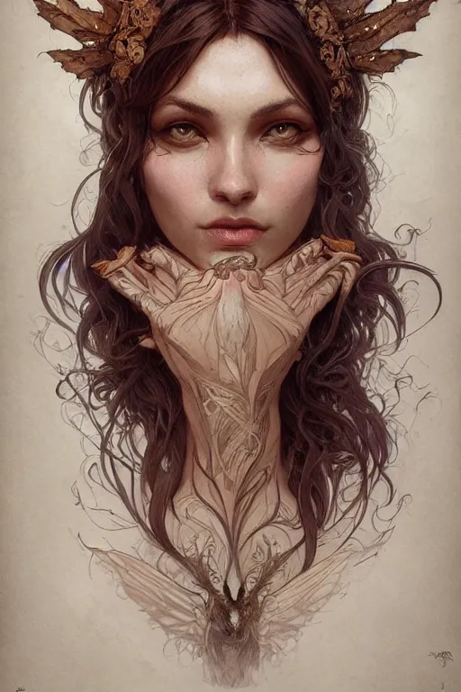 Image similar to up close portrait of a wood fae, d & d, face, fantasy, intricate, elegant, highly detailed, digital painting, artstation, concept art, smooth, sharp focus, illustration, art by artgerm and greg rutkowski and alphonse mucha